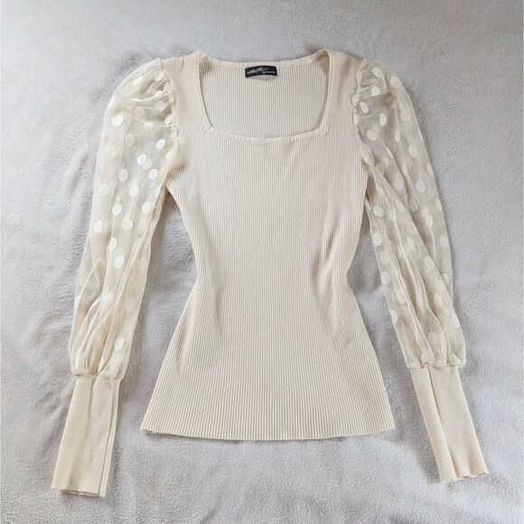 Mesh Polka Dot Balloon Puff Sleeve Sweater Women's Medium/Large Cream Ribbed - Picture 2 of 6